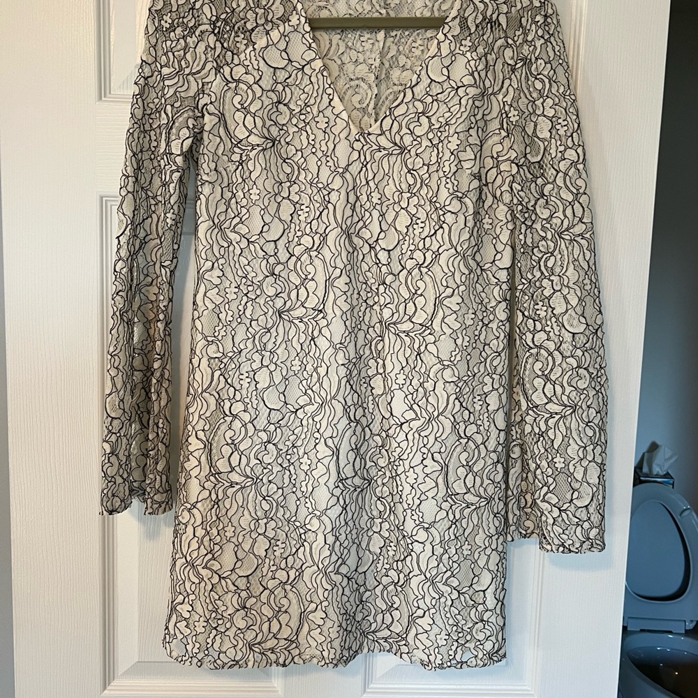 Wayf Black and Cream Lace Long Sleeve Dress